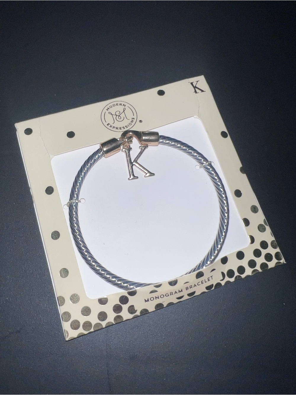Expressions Silver-Tone Cable Bangle with Rose Gold Accent and 'K' Charm
